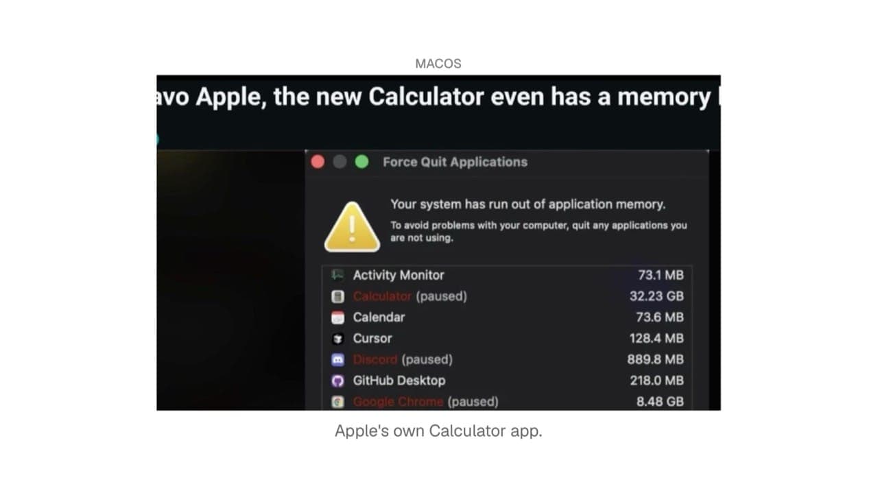Slide titled Apple's own Calculator app, showing a macOS Force Quit window where Calculator is using over 32 GB of memory