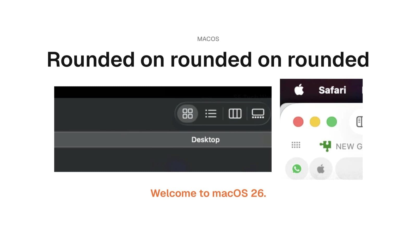 Slide titled Rounded on rounded on rounded, showing nested rounded corners in macOS 26