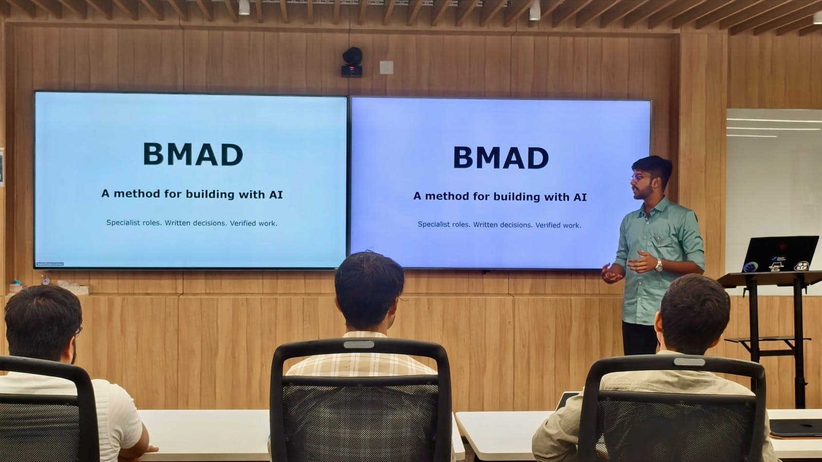 Rudra Pratap Singh presenting BMAD, a method for building with AI, at Omarchy New Delhi