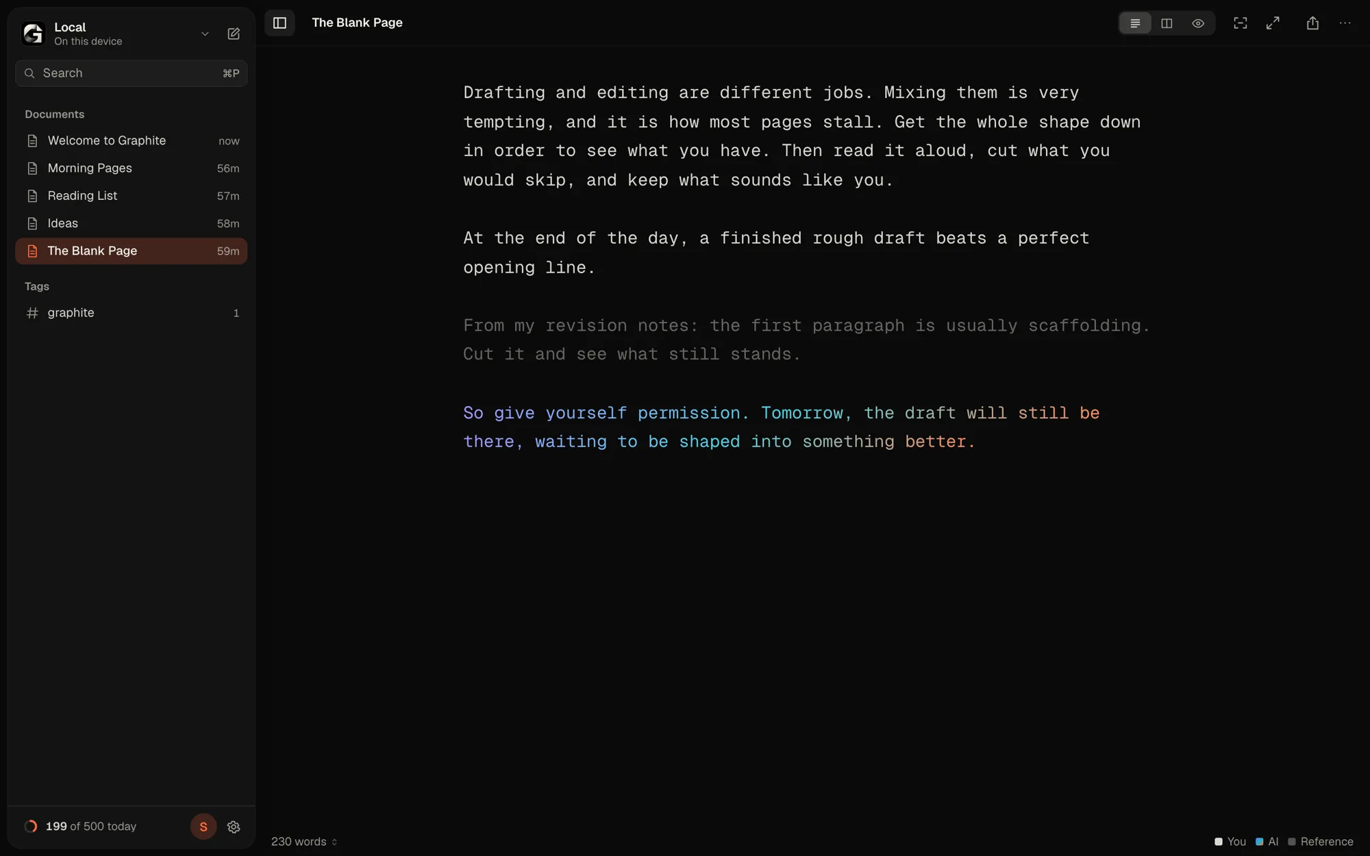 Graphite's Authorship view, marking which passages were typed, pasted from a reference or written with AI
