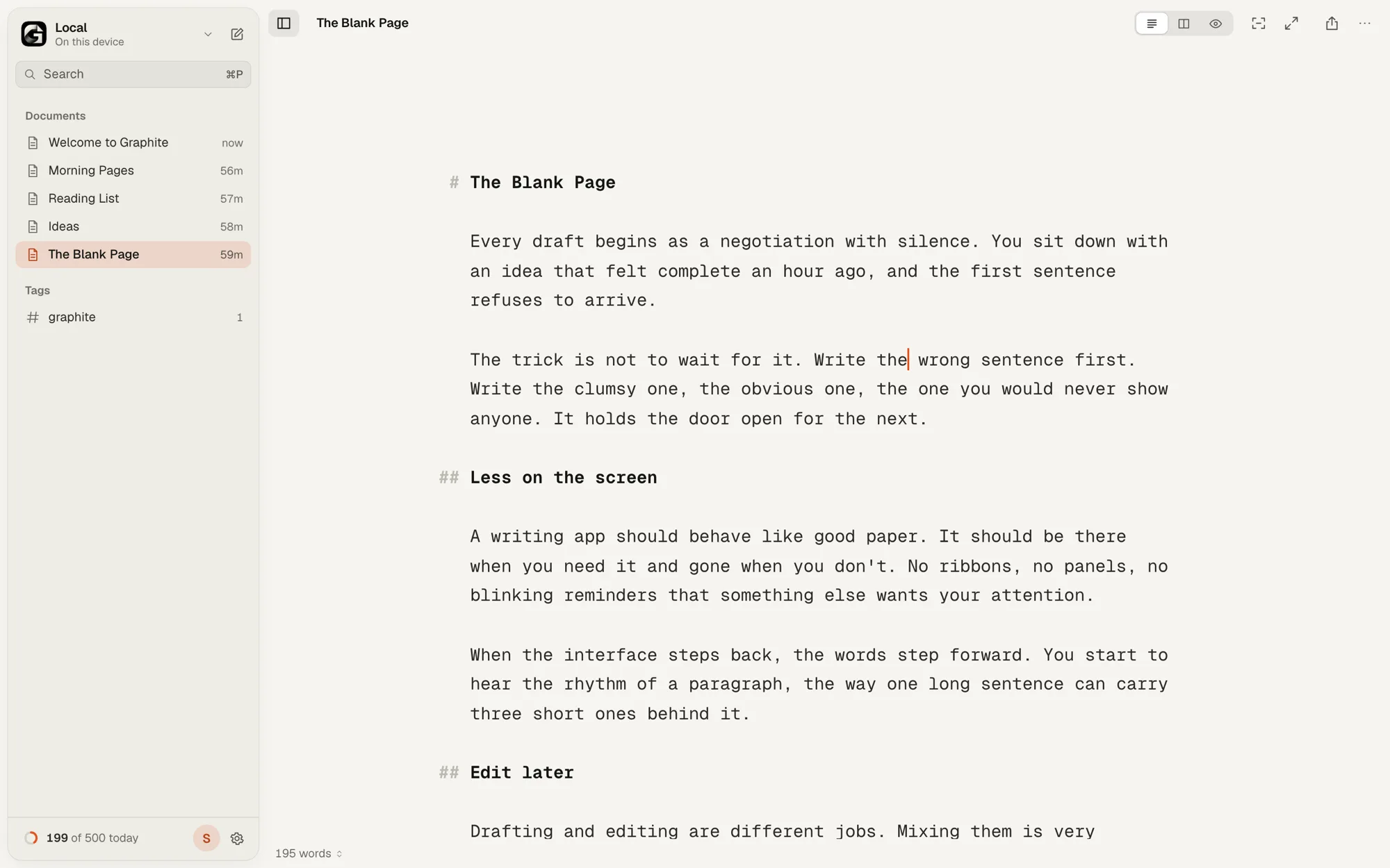 The Graphite editor in its light Paper theme, with the document library in the sidebar and plain Markdown on the page