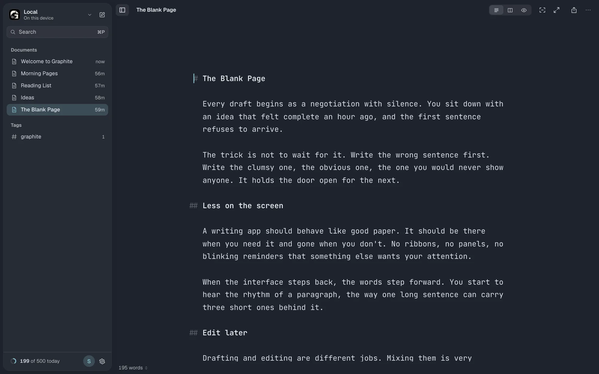 Graphite in the Fjord theme, one of the Pro colour themes, with a deep blue background and monospace type