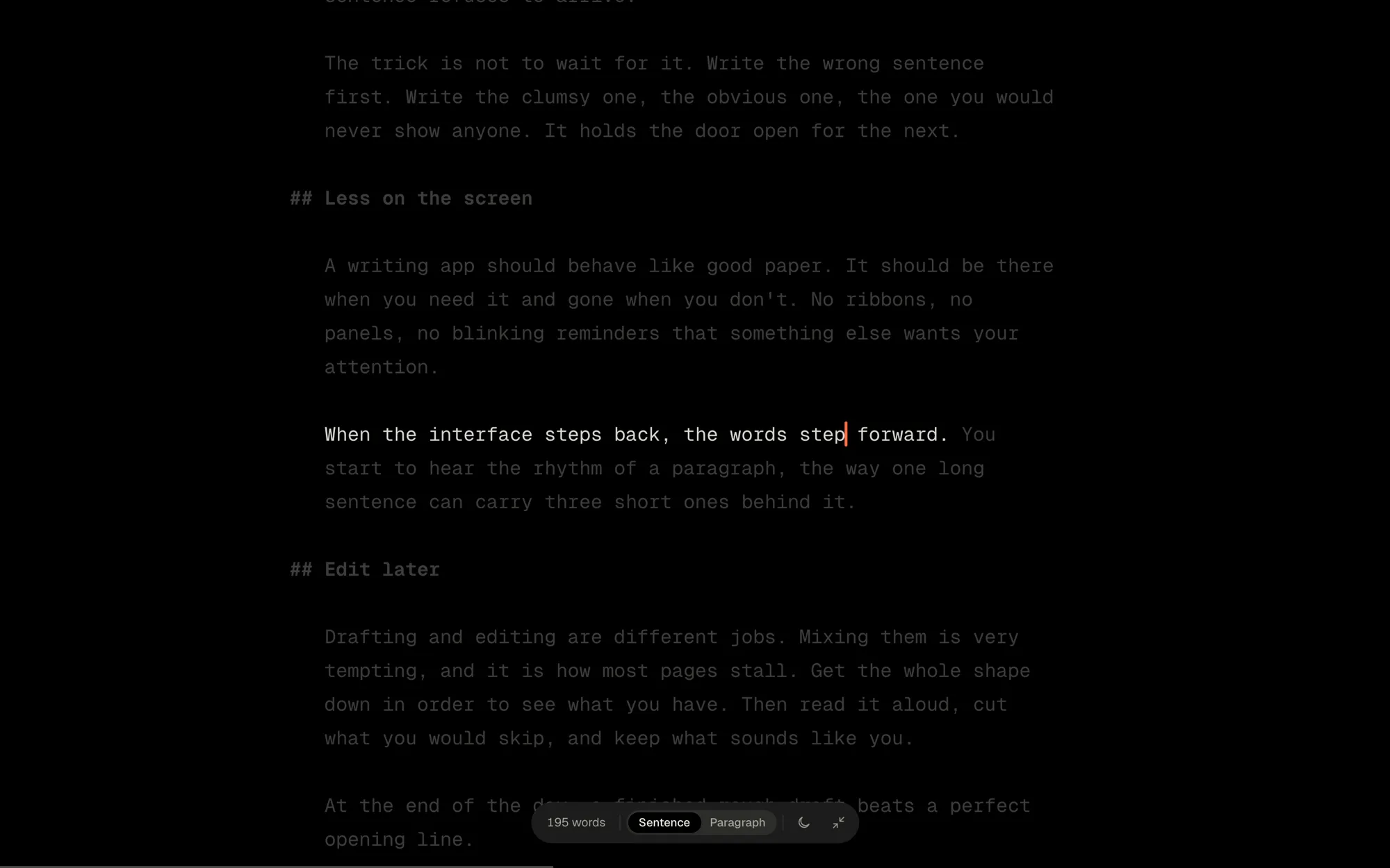 Graphite in Zen mode: a black full-screen page where only the sentence being written is bright and everything else is dimmed